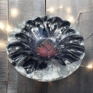 Vintage Hand Made Fused Art Glass Dish Bowl Artist Signed‎ Ruffled Edge Purple